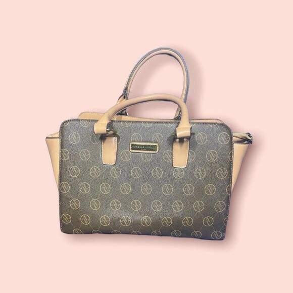 Adrienne Vittadini Signature Satchel Brown Beige Leather - Picture 1 of 3